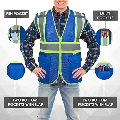 High Visibility Reflective Safety Vest with Zipper and Pockets Blue,L - color: Blue, size: Large