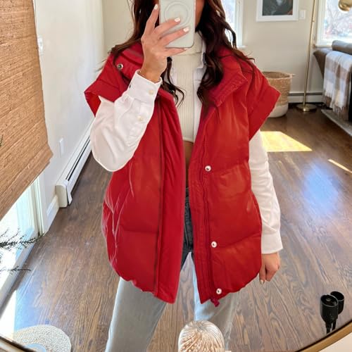 Songling Womens Oversized Puffer Vest Stand Collar Full Zip Sleeveless Bubble Puffer Vest Quilted Padded Warm Coat Outwear - color: Red, size: X-Large
