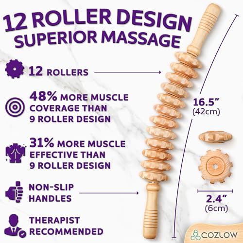 Wooden Massage Roller Stick, 12 Rollers, Curved Wood Therapy Massage Tool