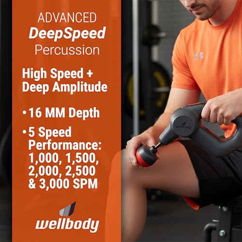 Wellbody 5 Deep Tissue Massage Gun with Heat Ball Technology | Vibrating Handheld Massager for Trigger Point Therapy | 5 Speed Rechargeable Portable Device for Muscle Pain Relief & Recovery