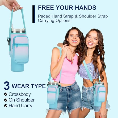 GOEWY Water Bottle Carrier Bag for Stanley Cup 40/30oz with Phone Pockets - color: Purple Blue Gradient, size: 30oz