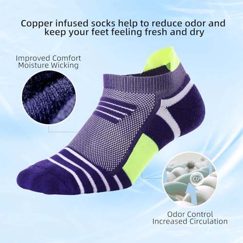 Kodal Copper-Infused Ankle Compression Running Socks Cushioned Perfect Fit - color: Purple/Yellow-5 Pairs, size: Medium-10