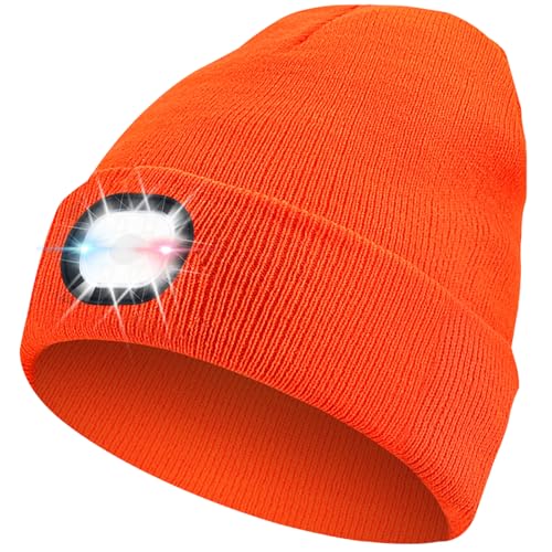 Beanie with Light, Unisex Hat with Light, 3 Modes Rechargeable Headlamp Beanie, Removable LED Flashlight Hat for Running, Camping, Hunting, Cycling, Night Activities, Gifts for Men & Women (Orange)
