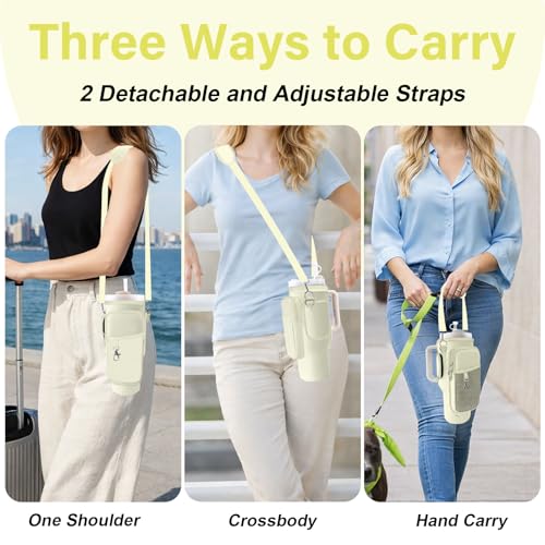 Water Bottle Carrier Bag for Stanley Cup 40/30oz, Neoprene Water Bottle Holder Pouch with 3 Pocket Adjustable Shoulder & Hand Strap - color: Off White