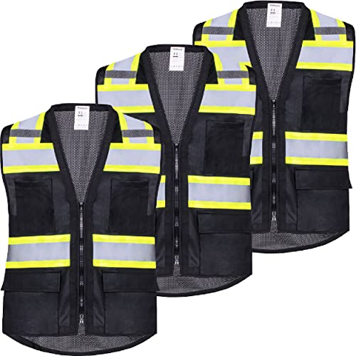 ProtectX High Visibility ANSI Class 2 Safety Vest with 6 Pockets - color: Black - Mesh Fabric 3-pack, size: Medium