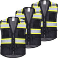 ProtectX High Visibility ANSI Class 2 Safety Vest with 6 Pockets - color: Black - Mesh Fabric 3-pack, size: X-Large