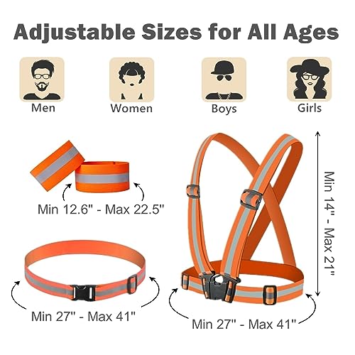 Reflective Running Gear Reflective Vest & Reflective Armband & Reflective Belt 3 Pcs Set, High Visibility Reflective Gear Night Cycling Walking Safety Vest Straps for Men Women Kids - color: Orange