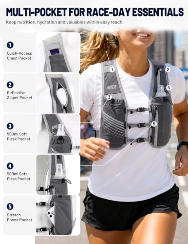 MIER Running Hydration Vest for Women Men, 500ml Soft Flask & Phone Holder - color: Dark Gray, size: Medium-Large