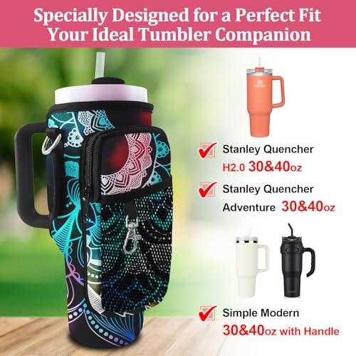 Stanley Carrier Bag for Stanley 40oz/30ozTumbler with Phone with 2 Adjustable Strap,3 Pockets Bottle Stanley Cup Carrier Bag & Case,Accessories for Hiking Travelling - color: Mandala Flower