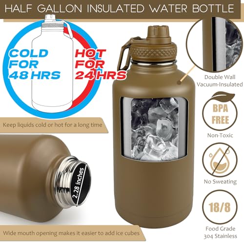 DEFUNX Half Gallon Water Bottle with Sleeve - 64 Oz Insulated Water Jug with Handle - Green Stainless Steel Sports Water Bottle for Gym Workout Hiking Tactical Bottle Holder with Pouch Khaki - color: Brown Bottle with Coyote Brown Sleeve, style: 64 Oz Wat