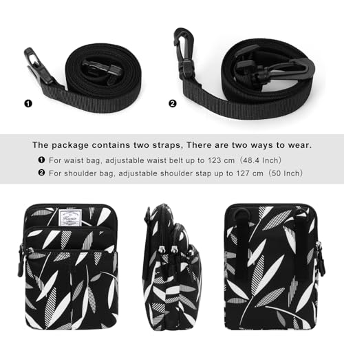 KAMO Multifunction Phone Waist Bag - Diagonal Crossbody Purse for Women & Men - color: Black-Willow leaf