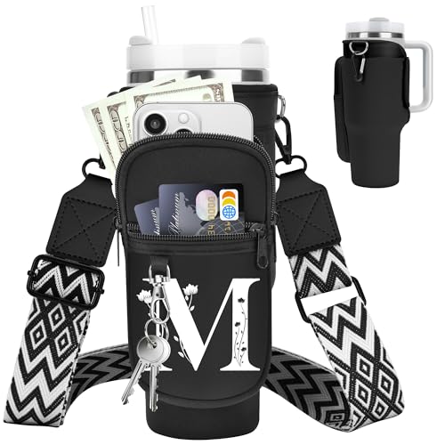 Initial Water Bottle Holder with Strap for Stanley Cup 40 oz Tumbler - color: Black, style: M