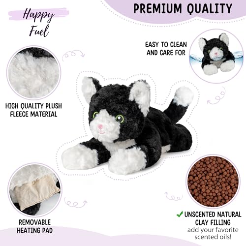 Tuxedo Cat Microwavable Stuffed Animal – 1.5 lb Unscented Heating Pad Plush, Soft Cozy Black & White Cat Toy for Relaxation and Comfort, Gift for Women, Girls, Adults & Kids by Happy Fuel - color: Tuxedo Cat (Lying Down)