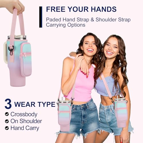 GOEWY Water Bottle Carrier Bag for Stanley Cup 40/30oz with Phone Pockets - color: Blue Pink Gradient, size: 30oz