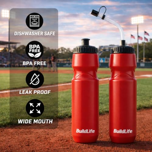 Lacrosse Water Bottle with Long Straw 2 Pack,32 OZ Hockey Water Bottle - color: Red