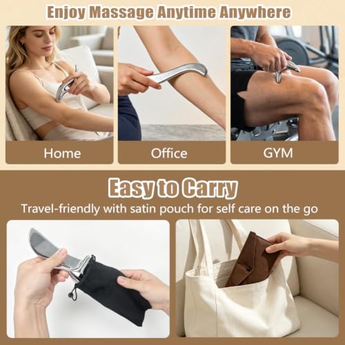 2 in 1 304 Stainless Steel Trigger Point Massage Tool, Fascia Scraper for deep Tissue Pain Relief, Scar Tissue Massage with Felt Bag, Acupressure Tool & Thumb Saver, Lymphatic Drainage Massager