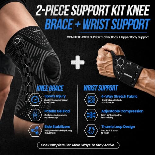 Knee Brace with Dial Adjustment, Adjustable Compression Knee Support with Patella Gel Pad & Side Stabilizers, Running Knee Brace Joint Pain Relief Brace for Workout, Arthritis, Meniscus Support, Complete Joint Support Kit Includes Wrist Wrap (XL,Left) - s