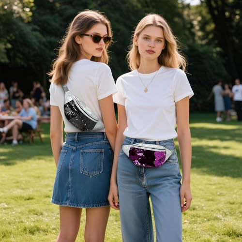 Holographic Sequined Fanny Packs for Women, Waist Belt Bag Fashion, Crossbody Bum Bag for Running, Purple - color: Purple