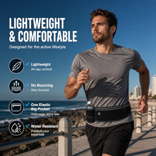 Slim No-Bounce Running Belt - Waterproof Exercise Waist Pack for Marathons, Hiking & Dog Walking - Hidden Travel Money Belt for Phones - color: Black(Bottle Holde)