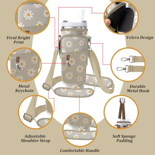 Water Bottle Carrier Bag for Stanley 40/30oz Cup Tumbler with Phone Pocket,Insulated Crossbody Water Bottle Holder with Adjustable Strap,Water Bottle Sling Pouch for Hiking Walking Camping Accessories - color: Khaki Daisy