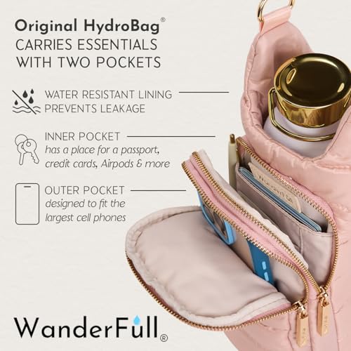 WanderFull Original HydroBag Crossbody Water Bottle Holder with Phone Pocket, Fits Water Bottles up to 32 oz - color: Blush Matte - Striped Strap