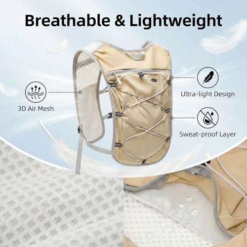 Hydration Backpack Lightweight Running Vest for Women Men with 500ml Soft Flask Hiking Daypack - color: Khaki+500ml Soft Flask