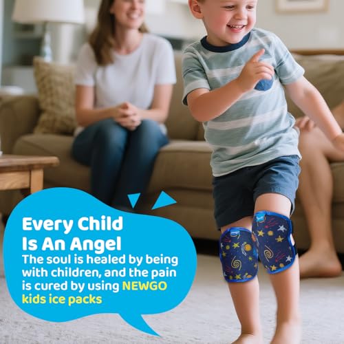NEWGO Ice Pack for Kids Injuries Pain Relief, 2 Pack Soft Children Knee Gel Cold Pack Wrap, Reusable Child Large Ice Packs with Strap for Sports Injuries, Ankle Sprain, Elbow Knee Pain Relief