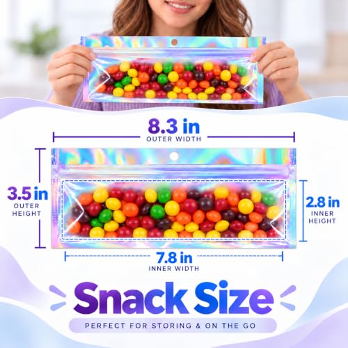 ANZNKU Holographic Bags Mylar Snack Bags 50PCS Small Zip Baggies 8.3x3.5" - color: Holographic, size: 8.3x3.5 Inch