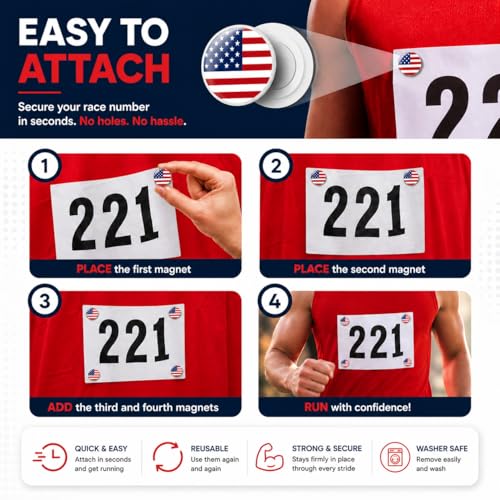 4 Race Bib Magnets for Runners, Race Bib Clips, No Pins, USA - color: Usa