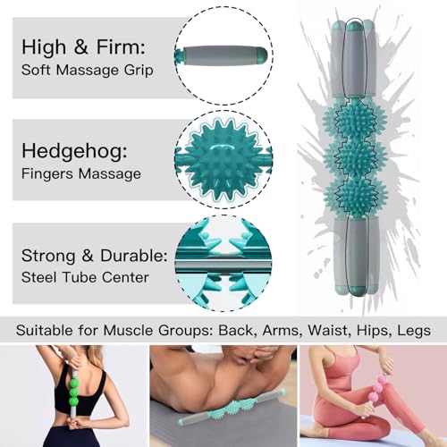 Fascia Muscle Roller, Cellulite Massager Fascia Roller for Cellulite and Sore Muscles, Neck, Leg, Back, Pressure Trigger Point Body Roller Deep Tissue Massage Stick Tools - 3 Massage Balls | Green - color: Atrovirens