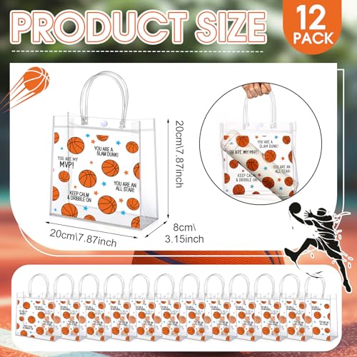 Aliceset 12 Pcs Basketball Gift Bags Bulk Transparent Basketball Goodie Bags with Handles Reusable PVC Gift Totes for Game Day Sports Birthday Parties Team Events Gifts Treat - style: Basketball