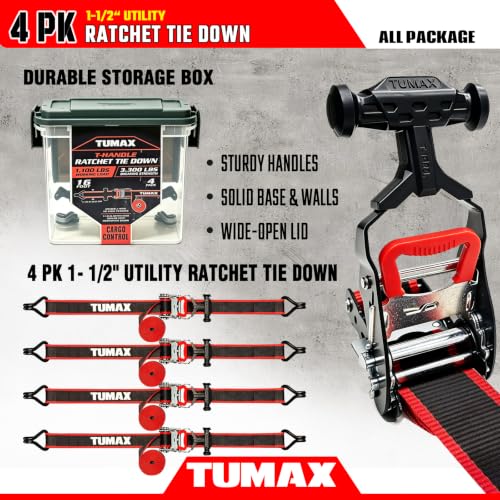 4 PK with Ammo Box, 1.5" x 16 FT Heavy Duty Tie Down Straps - size: 3300lbs-Black