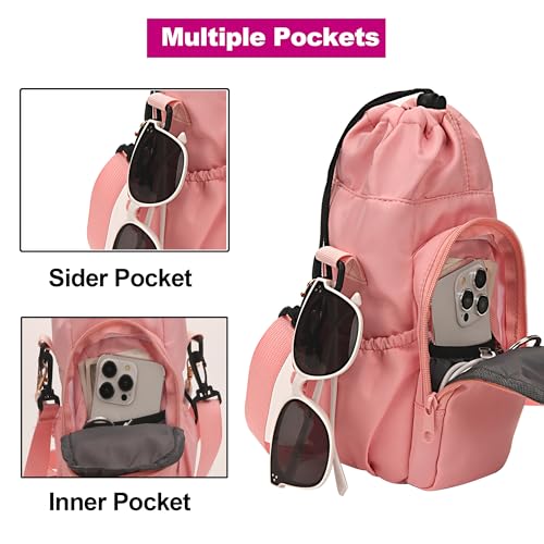 Wongeto Water Bottle Holder with Strap,25oz/40oz/64oz Water Bottle Carrier Sling Bag with Phone Pocket Crossbody Adjustable Shoulder with Hand Strap for Walking - color: Pink
