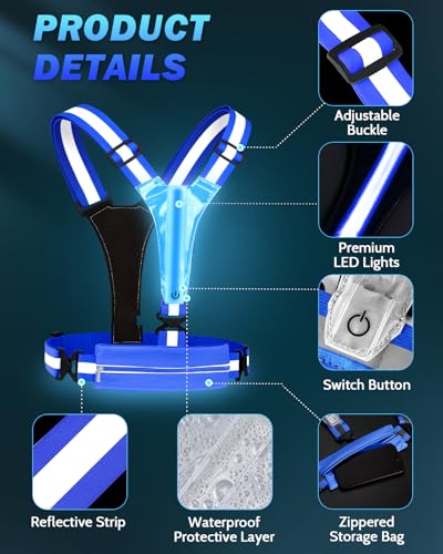 Fitense LED Reflective Running Vest with Phone Holder, Rechargeable 5 Colors Light Up Running Lights for Runners High Visibility Night Safety Gear, Adjustable for Men Women