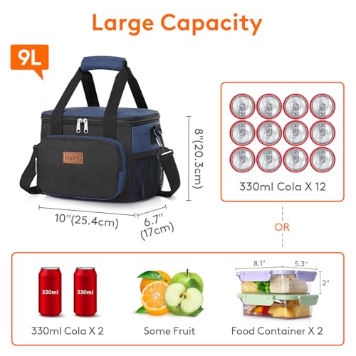 Lifewit Medium Lunch Bag, Insulated Lunch Box, Soft Cooler Cooling Tote for Adult Men Women, Black and Green 12-Can (9L) - color: Black/Blue, size: Medium(9L)