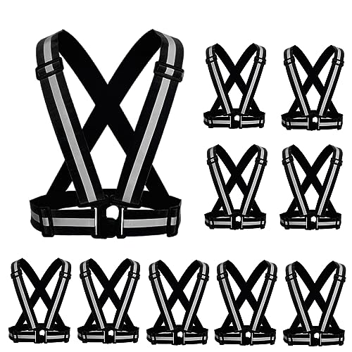 Reflective Strap Safety Vest Gear - 2-10 Pack Adjustable High Visible Reflective Running Gear for Women Men Night - color: Black x10