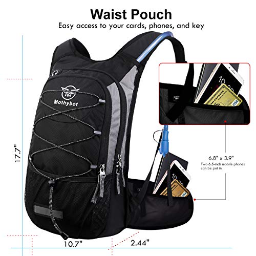 Mothybot Insulated Hydration Backpack Pack with 3L BPA Free Leak Proof Water Bladder, Large Storage Lightweight Hiking Daypack with Waist Pouches & Cooler Layer, for Running, Biking, Camping, Festival - color: Black