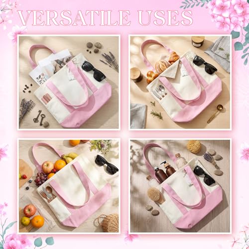 Shinylin Mini Canvas Tote Bags with 2 Pockets - color: Pink and Beige