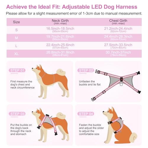 Visinite LED Dog Harness, USB Rechargeable Light Up Dog Vest, 2 Illuminate Modes Glow in The Dark Dog Harness, Adjustable Lighted Pet Harness Light for Night Walking Safety (Pink, L) - color: Pink, size: Large