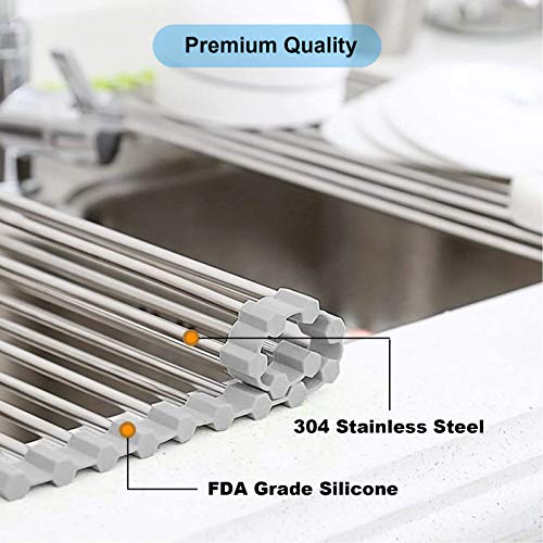 Over the Sink Dish Drying Rack, Searik Roll up Sink Dish Drainer Rack Foldable Kitchen Stainless Steel Dish Rack Sink Drying Rack (17.7” x 11.8”) - color: Gray, size: 17.7"x11.8"