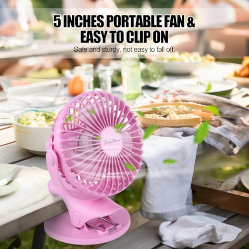 PureHome Portable Clip Fan Battery Operated,3 Speeds USB Rechargeable Mini Table Fan with Strong Airflow,360°Rotation Ultra Quiet Personal Desk Fan for Home Office Bedroom Dorm Stroller Camping- Pink - color: Pink