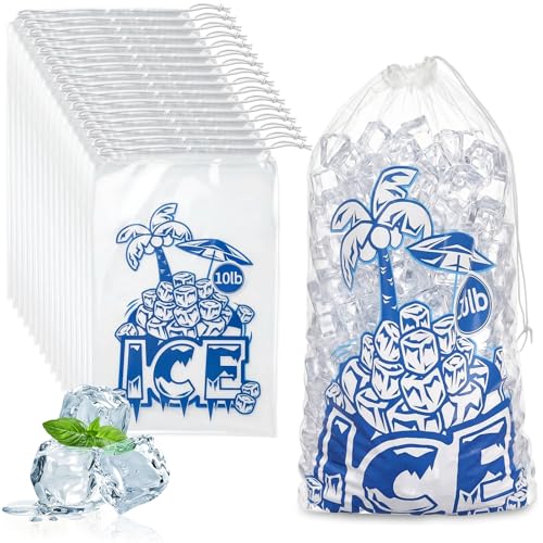 Dicunoy 100 Pieces Ice Bags 10 LB, Reusable Ice Cube Bags with Drawstring, Clear Plastic Storage Bags for Ice Machine Heavy Duty Freezer Safe for Home Party Camping