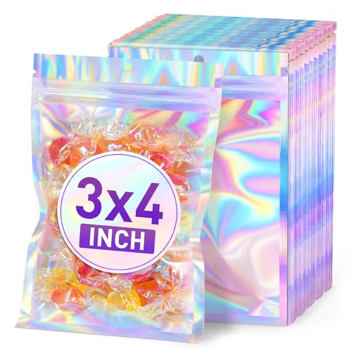 ANZNKU Holographic Mylar Bags 3x4 Resealable 50PCS Candy Goodie Bags Bulk - color: Holographic, size: 3x4 Inch