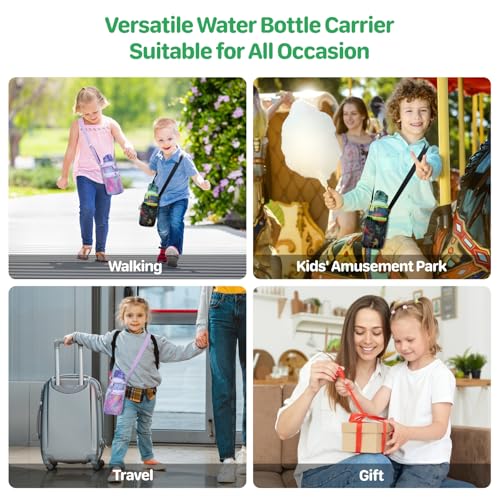 Mesh Water Bottle Carrier for Kids - Lightweight Water Bottle Holder with Adjustable Strap, Crossbody Sling Bag Fits 10-18 oz, Ideal for Walking Hiking Camping, Black Dinosaur - color: 2-Black Dinosaur