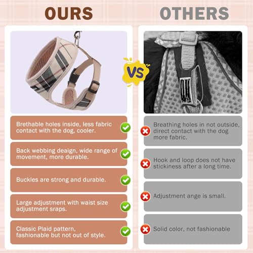 SCENEREAL Small Dog Harness and Leash Set, Plaid Beige, M - color: Beige, size: M: Chest Girth: 17"-21"
