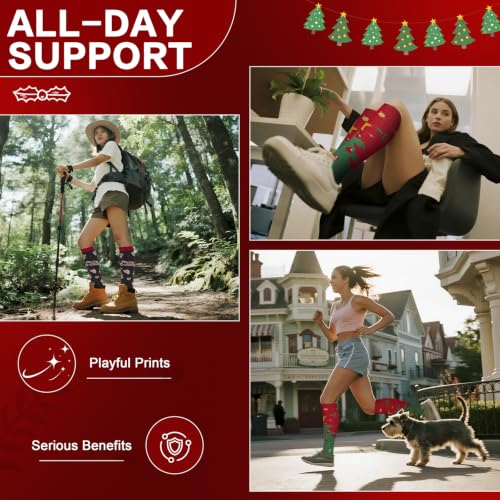 6 Pairs 20-30 mmHg Knee High Compression Socks, Unisex, Running, Travel - color: 01-christmas Multicolor, size: Large-X-Large