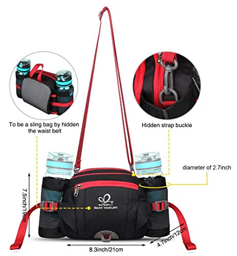 WATERFLY Fanny Pack Waist Bag: Fannie Pack 2 Water Bottle Holders Lumbar Belt Hiking Walking Running Jogging Camping Large Woman Man (Bottle Not Included) - color: Black-red