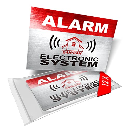 12 x Security Alarm Warning Sign Stickers - Alarm - Electronic System - for Internal and External use - Protection for Home, car... - Weatherproof - Size: 3,4 x 2,2 in