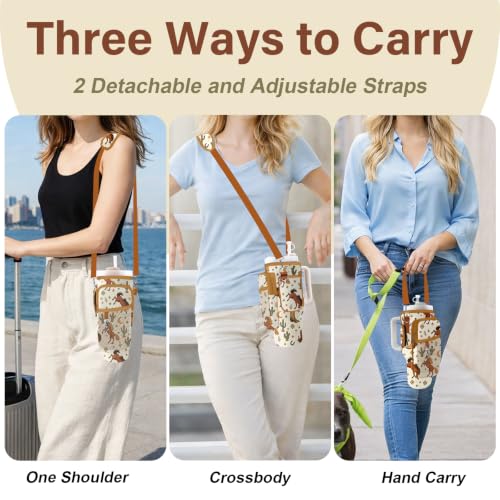 Water Bottle Carrier Bag for Stanley Cup 40/30oz, Neoprene Water Bottle Holder Pouch with 3 Pocket Adjustable Shoulder & Hand Strap - color: Cowboy Rodeo