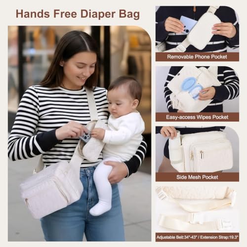 Rexmore Quilted Puffer Diaper Fanny Pack, Crossbody Mom Purse, Off White - color: Off White
